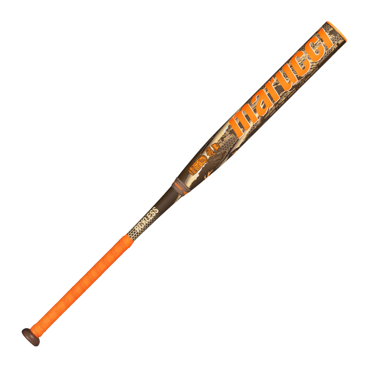 A photo of the Marucci RCKLESS Camo 2-Piece Loaded 12.75" Barrel USSSA Slo-pitch Bat in colour orange and brown with a white RCKLESS title.