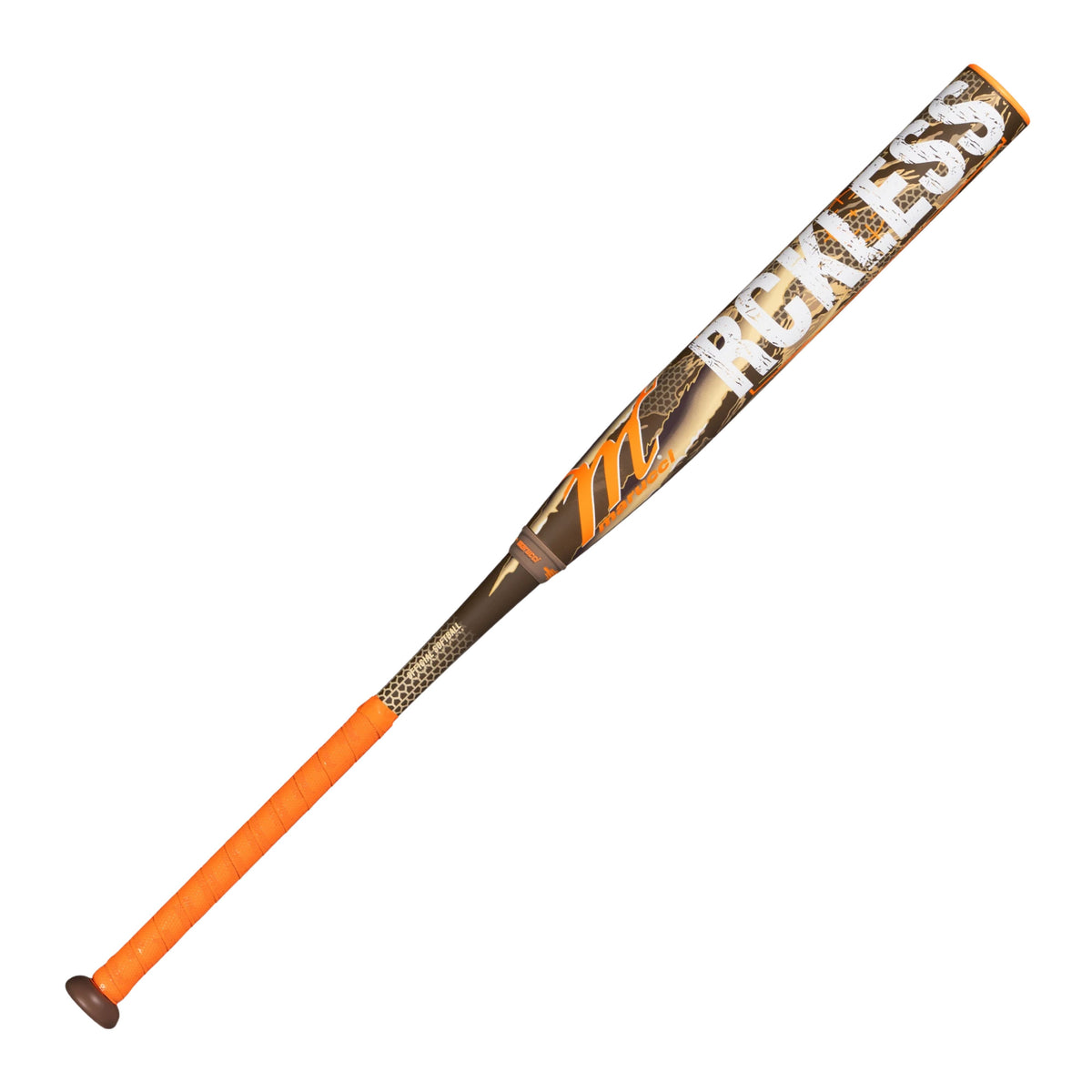 A photo of the Marucci RCKLESS Camo 2-Piece Loaded 12.75" Barrel USSSA Slo-pitch Bat in colour orange and brown with a white RCKLESS title.