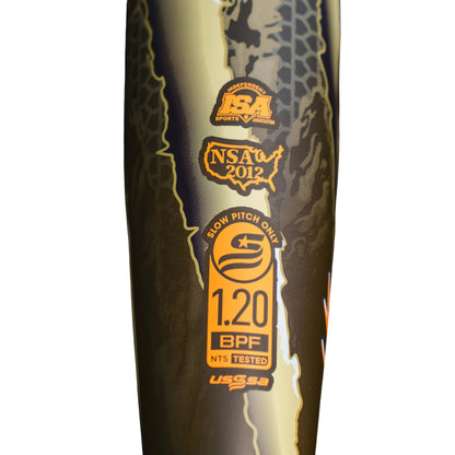A photo of the Marucci RCKLESS Camo 2-Piece Loaded 12.75" Barrel USSSA Slo-pitch Bat in colour orange and brown with a white RCKLESS title.