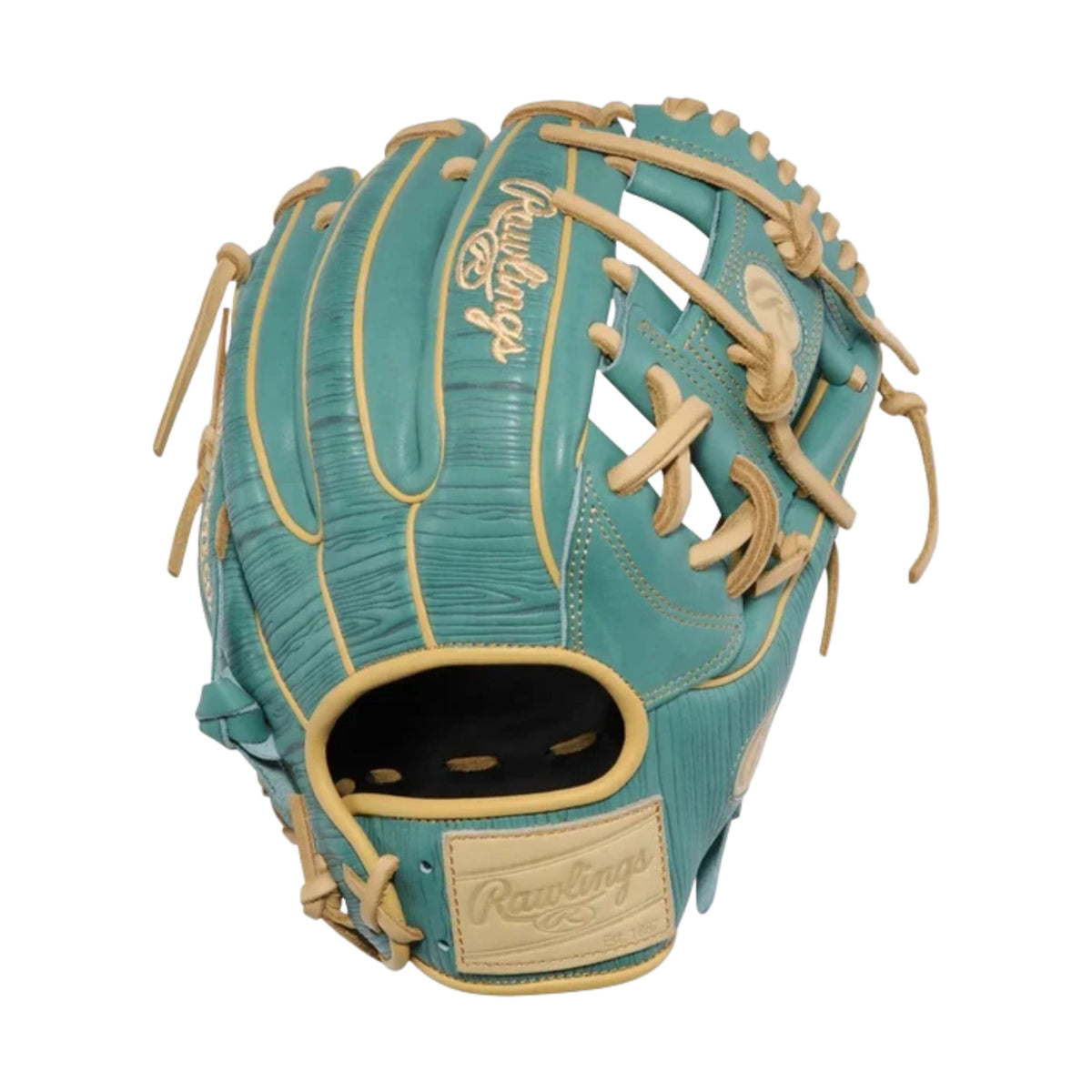 A photo of the Rawlings 11.5" Heart of the Hide Baseball Fielding Glove in colour green with tan laces.