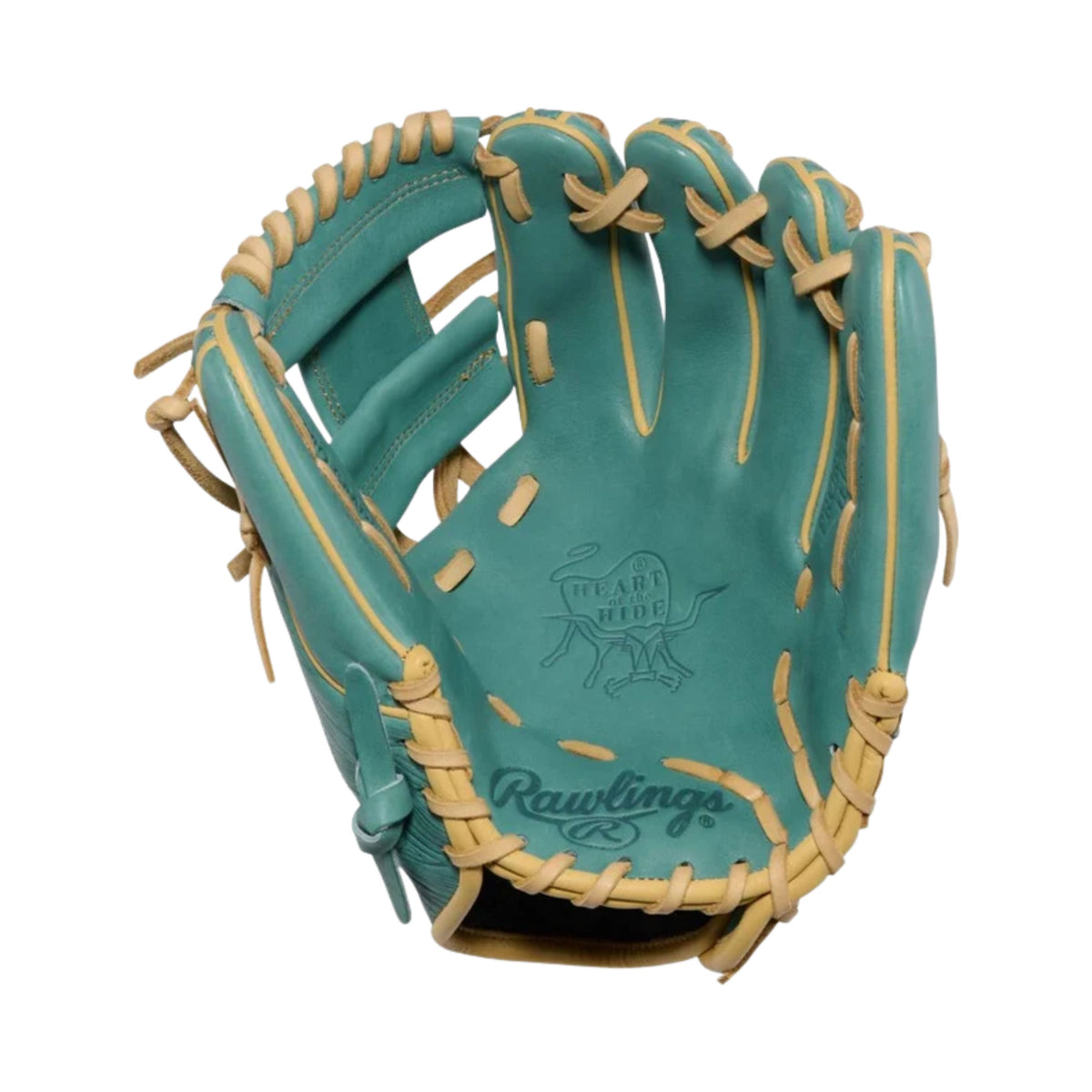 A photo of the Rawlings 11.5" Heart of the Hide Baseball Fielding Glove in colour green with tan laces.