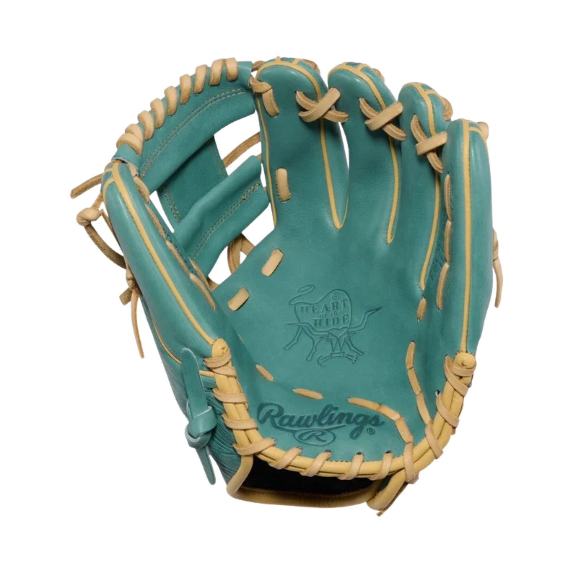 A photo of the Rawlings 11.5" Heart of the Hide Baseball Fielding Glove in colour green with tan laces.