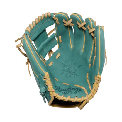 A photo of the Rawlings 11.5" Heart of the Hide Baseball Fielding Glove in colour green with tan laces.