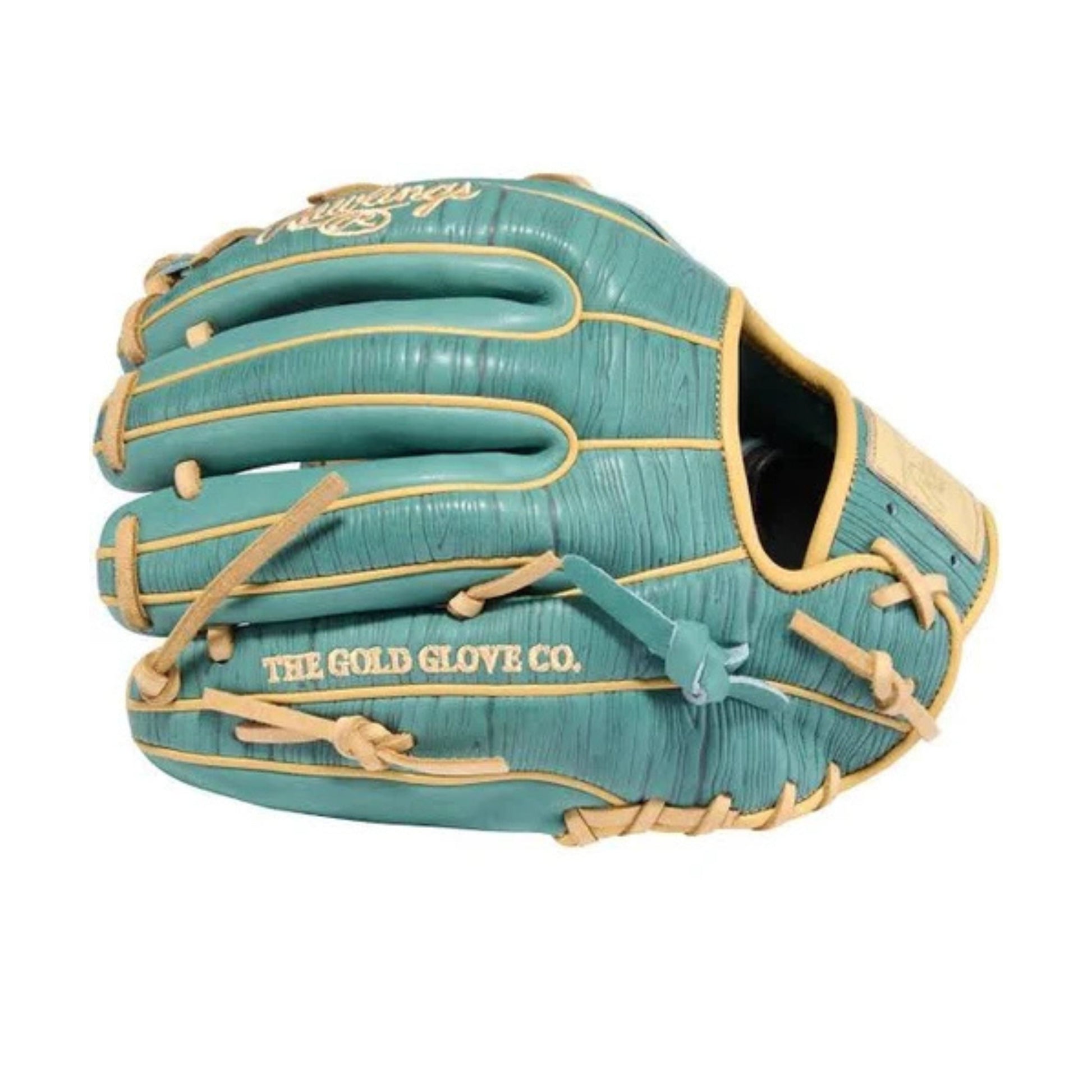A photo of the Rawlings 11.5" Heart of the Hide Baseball Fielding Glove in colour green with tan laces.