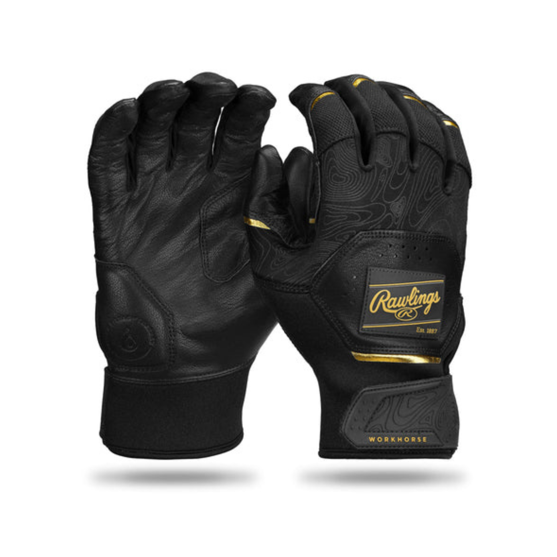 A photo of the Rawlings Adult Workhorse Batting Glove in colour black and gold.