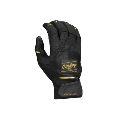 A photo of the Rawlings Adult Workhorse Batting Glove in colour black and gold.