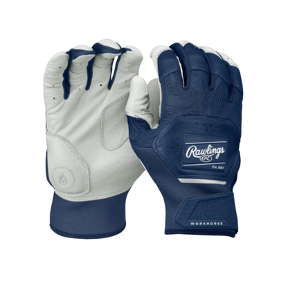 A photo of the Rawlings Adult Workhorse Batting Glove in colour white and navy.