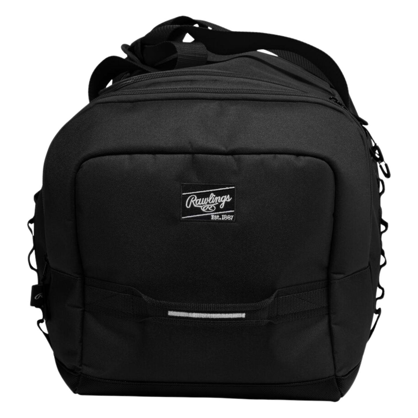 A photo of the Rawlings Covert 2 Duffle Bag in colour black, with white Rawlings logo.