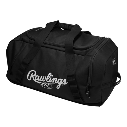 A photo of the Rawlings Covert 2 Duffle Bag in colour black, with white Rawlings logo.