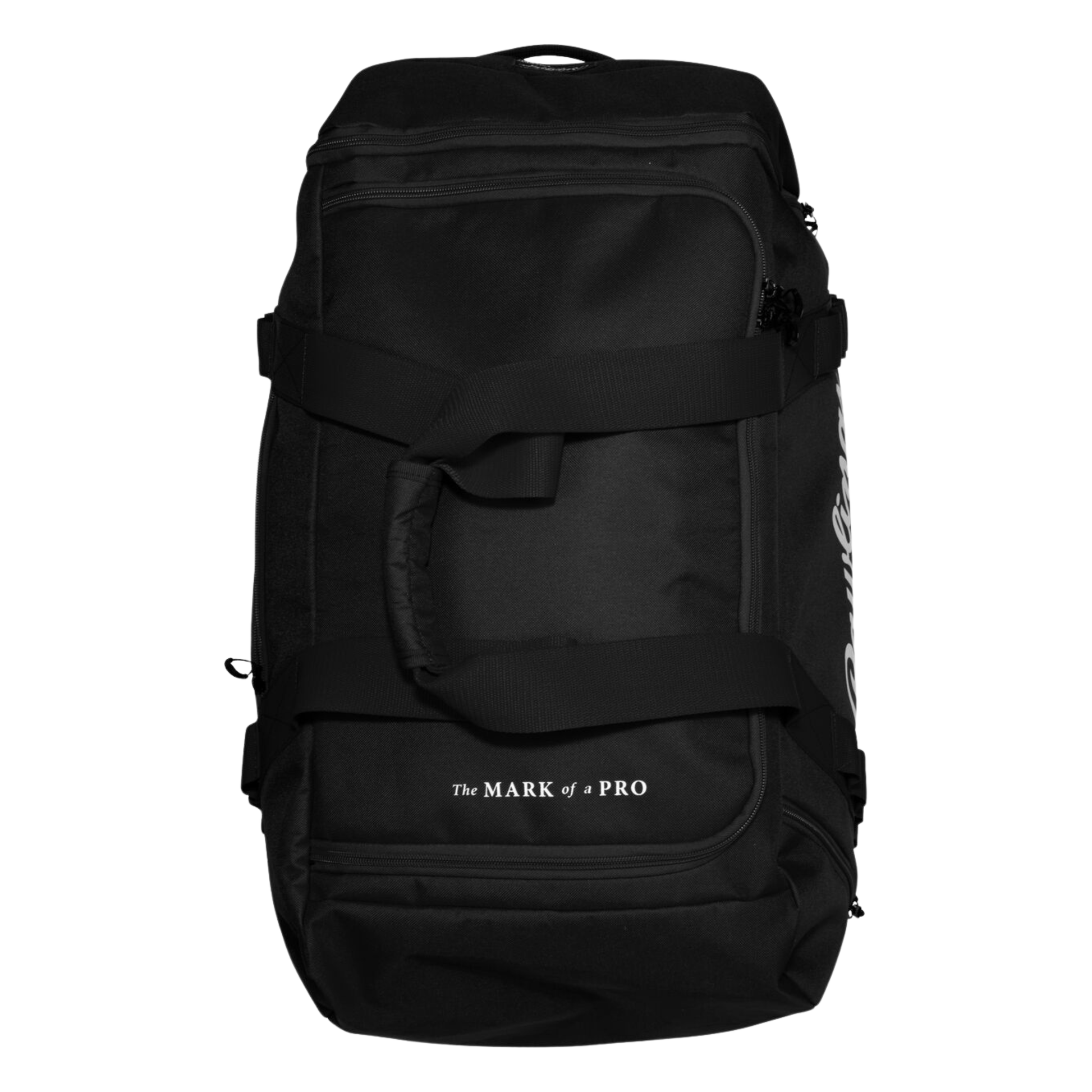 A photo of the Rawlings Covert 2 Duffle Bag in colour black, with white Rawlings logo.