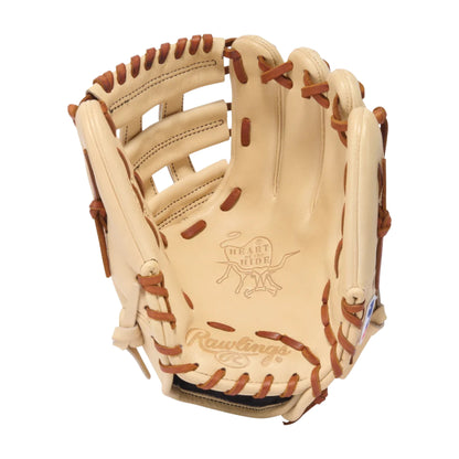 A photo of the Rawlings Heart of the Hide 11.75" Infield Baseball Glove in colour tan with brown lace and a black Rawlings logo.