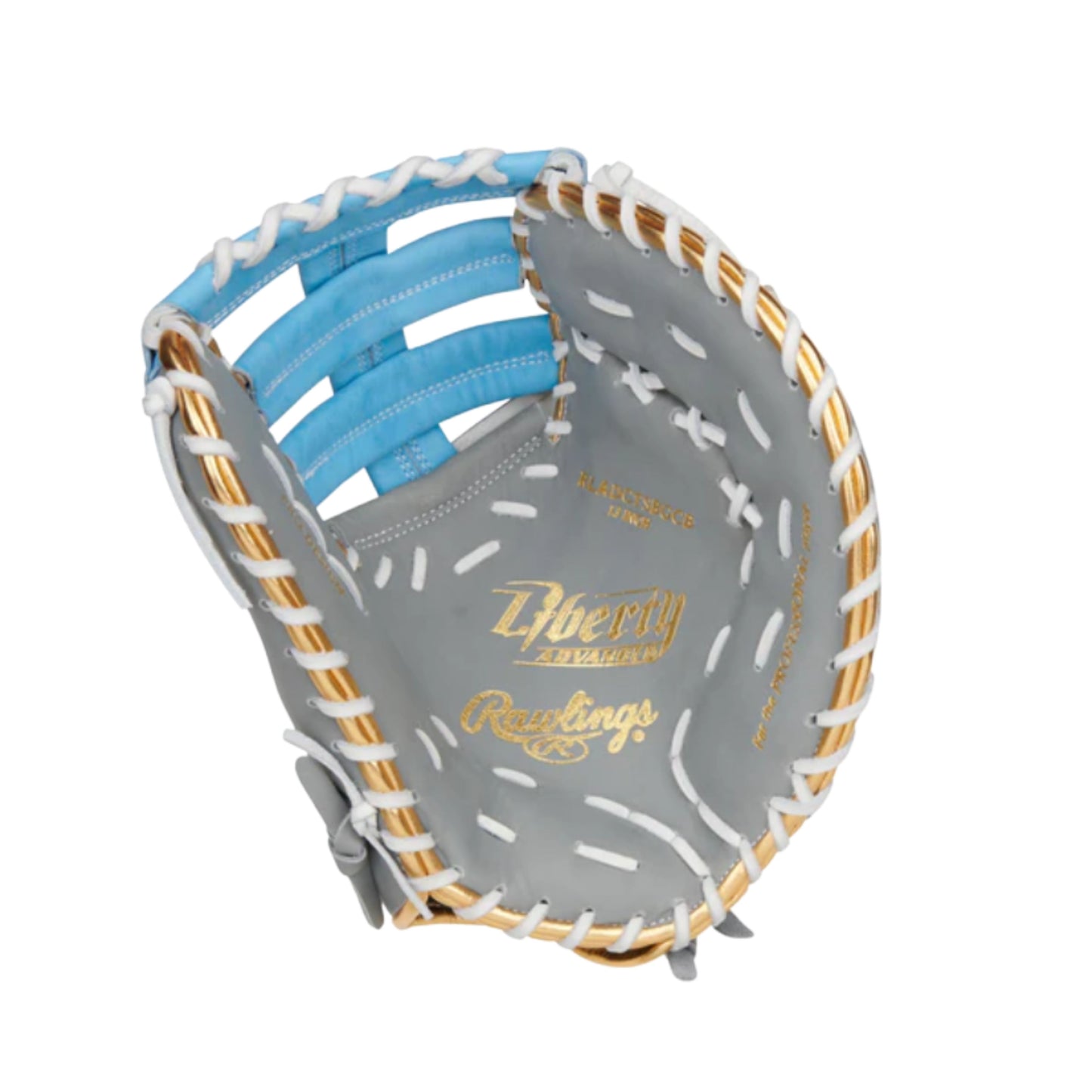A photo of the Rawlings Liberty Advanced 13" Softball First Base Mitt in colour grey and blue. 