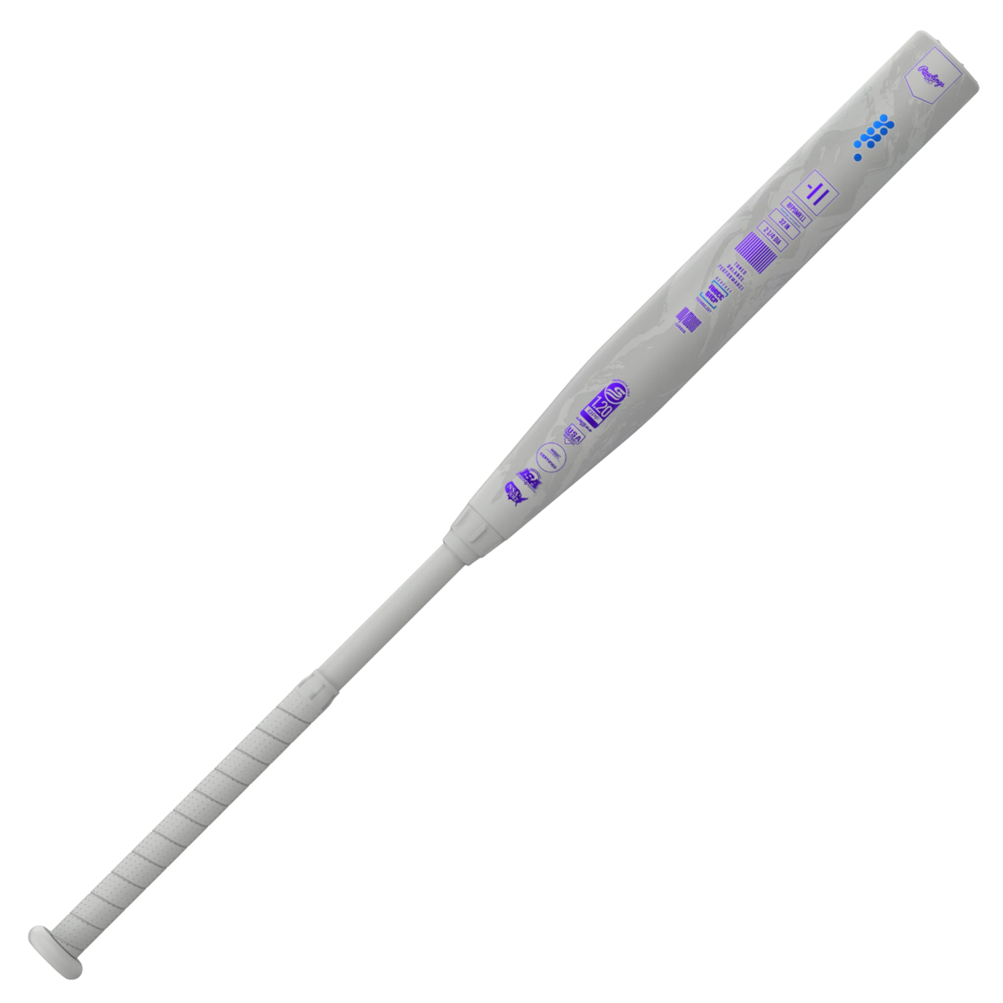 Baseball bat with purple and blue branding on a white background