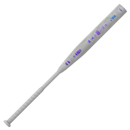Baseball bat with purple and blue branding on a white background
