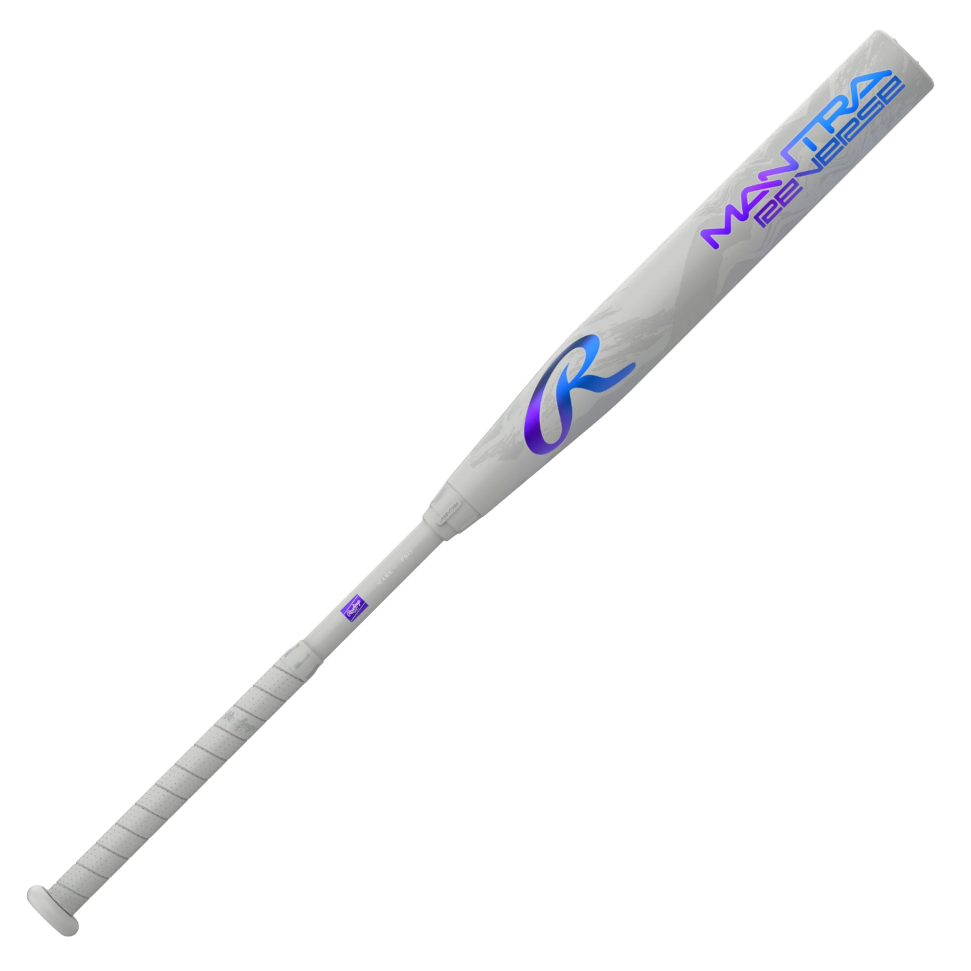 Baseball bat with a white and purple design on a white background