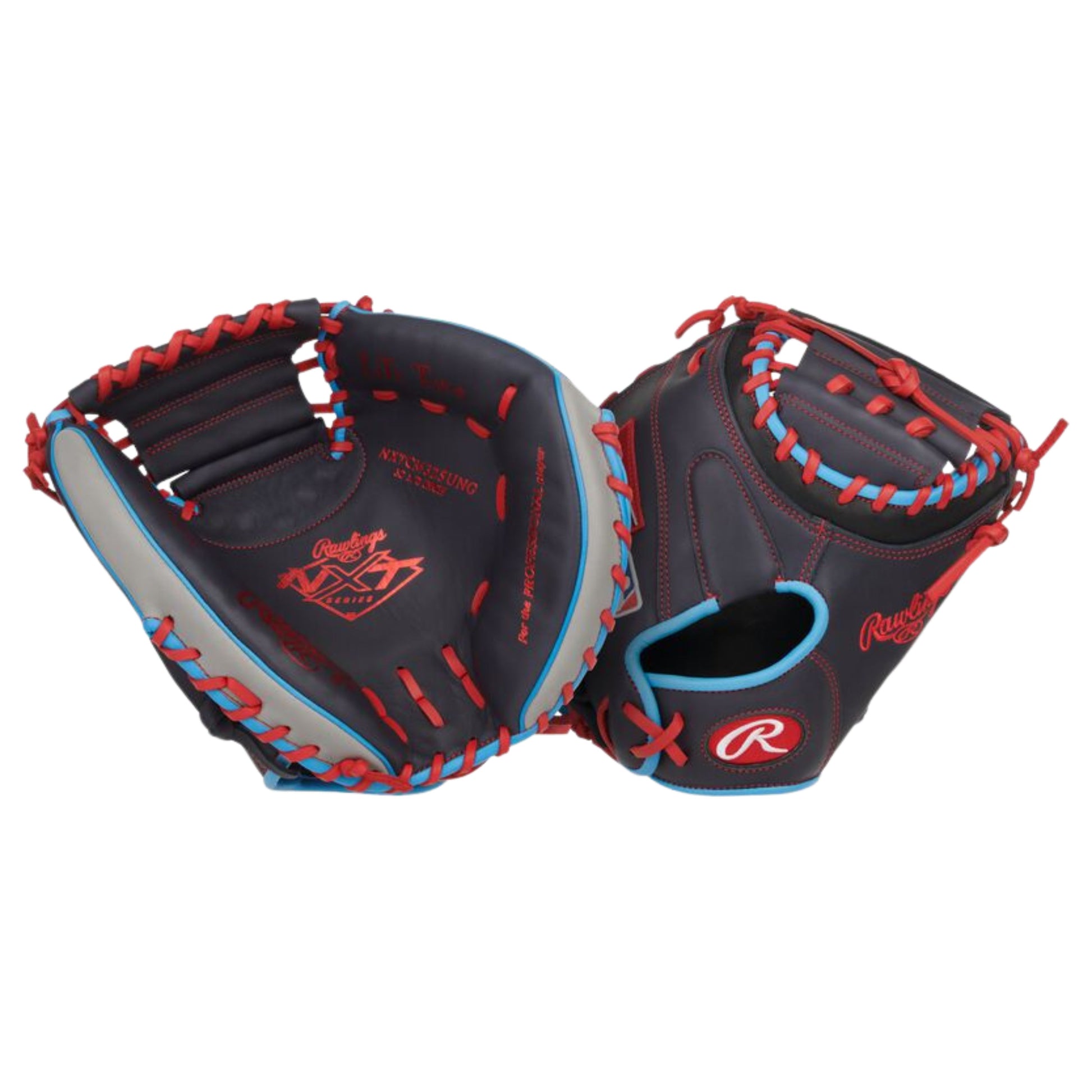A photo of the Rawlings NXT Series 32.5" Catcher's Mitt in colour black, with blue trim and red lace.