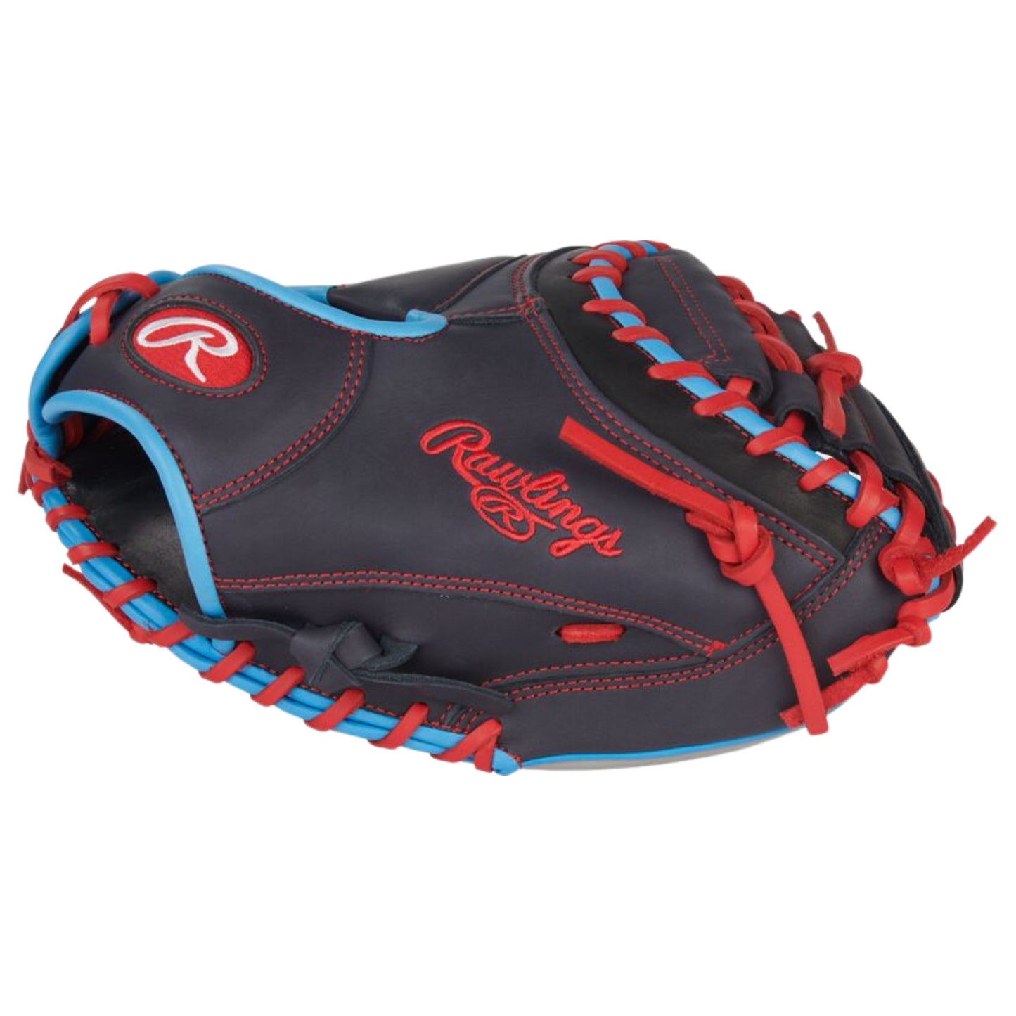 A photo of the Rawlings NXT Series 32.5" Catcher's Mitt in colour black, with blue trim and red lace.
