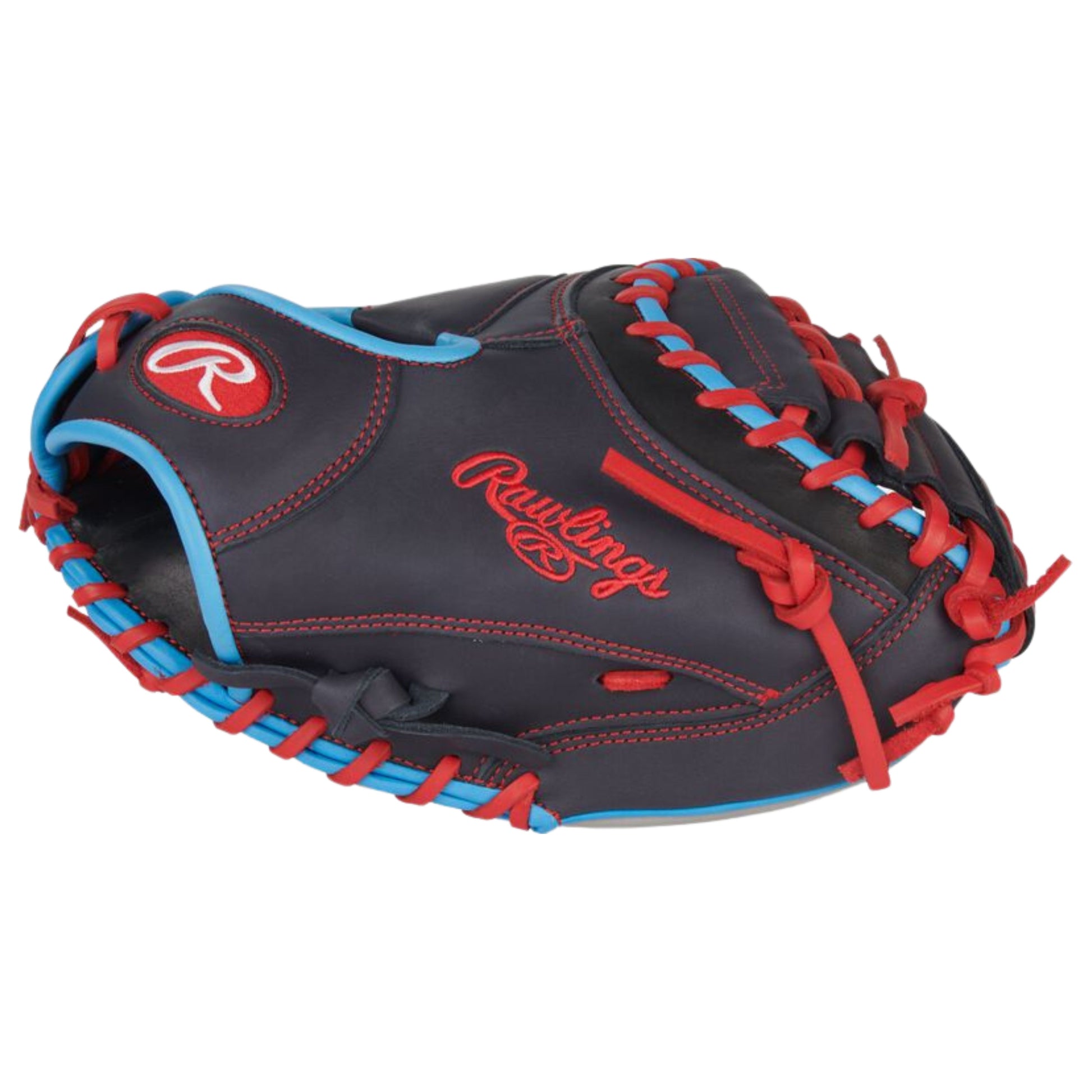 A photo of the Rawlings NXT Series 32.5" Catcher's Mitt in colour black, with blue trim and red lace.