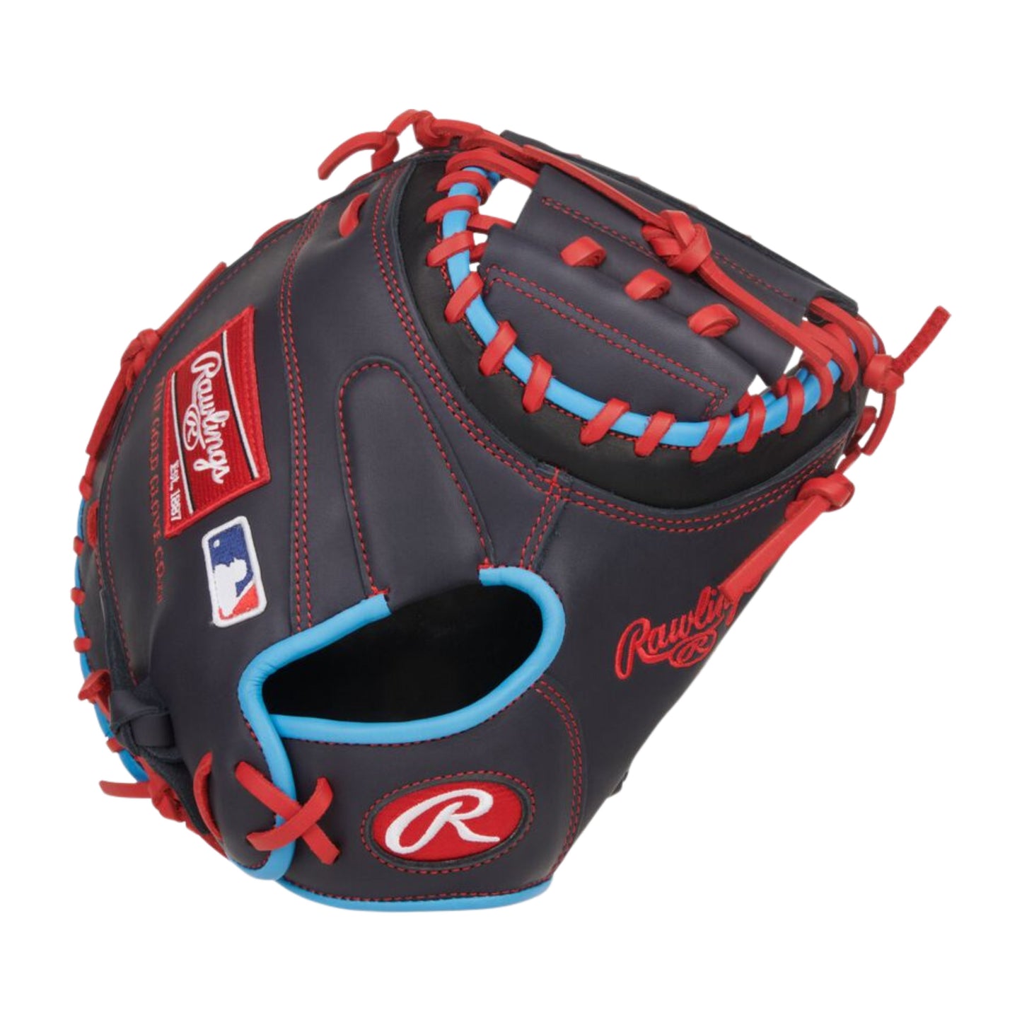 A photo of the Rawlings NXT Series 32.5" Catcher's Mitt in colour black, with blue trim and red lace.