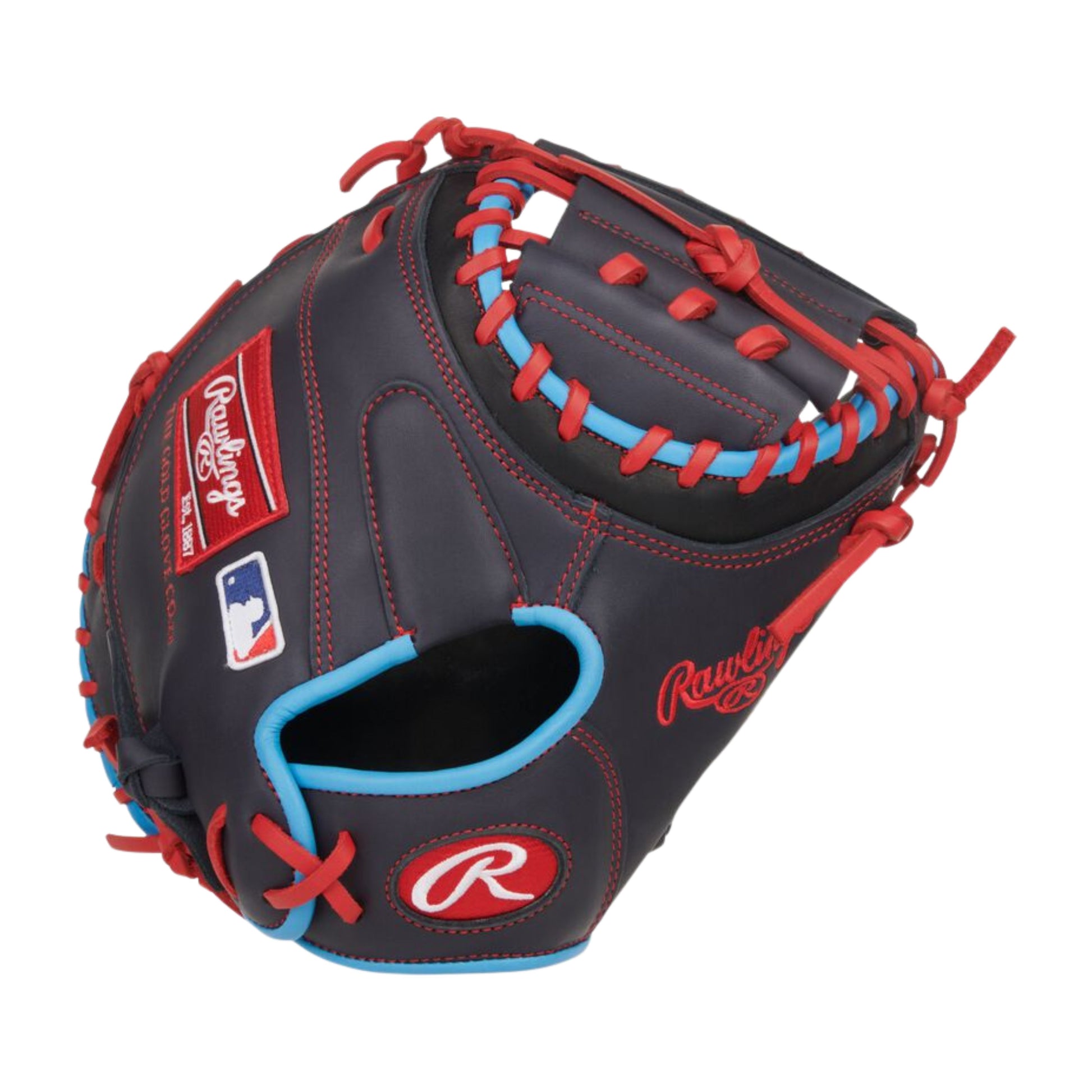 A photo of the Rawlings NXT Series 32.5" Catcher's Mitt in colour black, with blue trim and red lace.