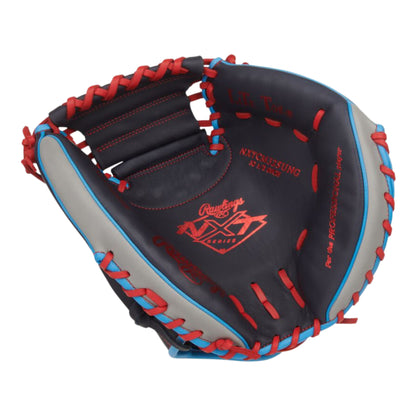 A photo of the Rawlings NXT Series 32.5" Catcher's Mitt in colour black, with blue trim and red lace.