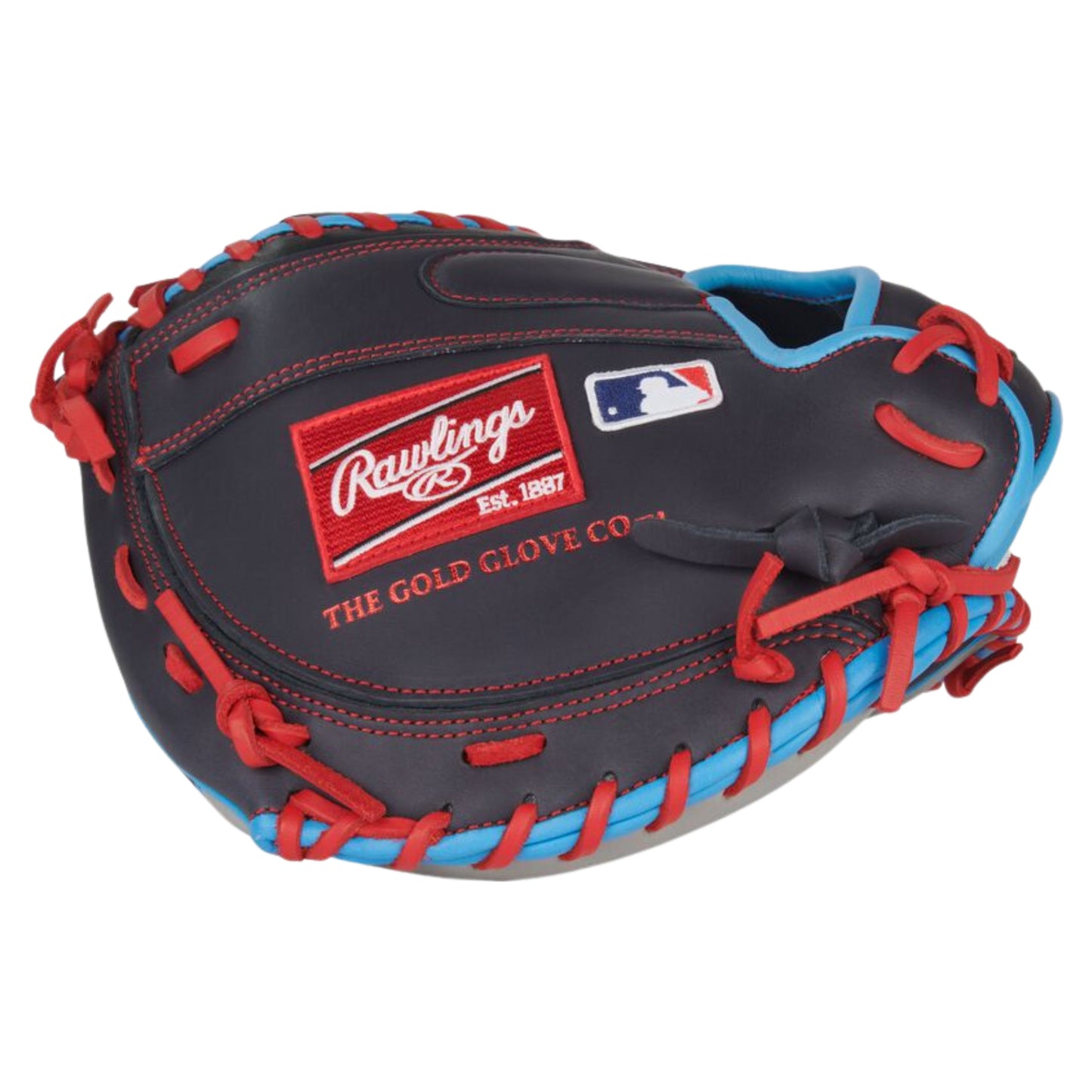 A photo of the Rawlings NXT Series 32.5" Catcher's Mitt in colour black, with blue trim and red lace.