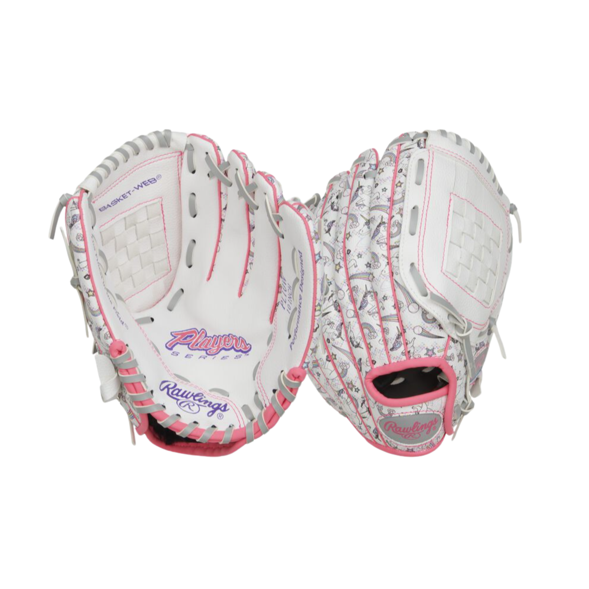 A photo of the Rawlings Players 10 Youth Baseball Glove in colour white and pink.