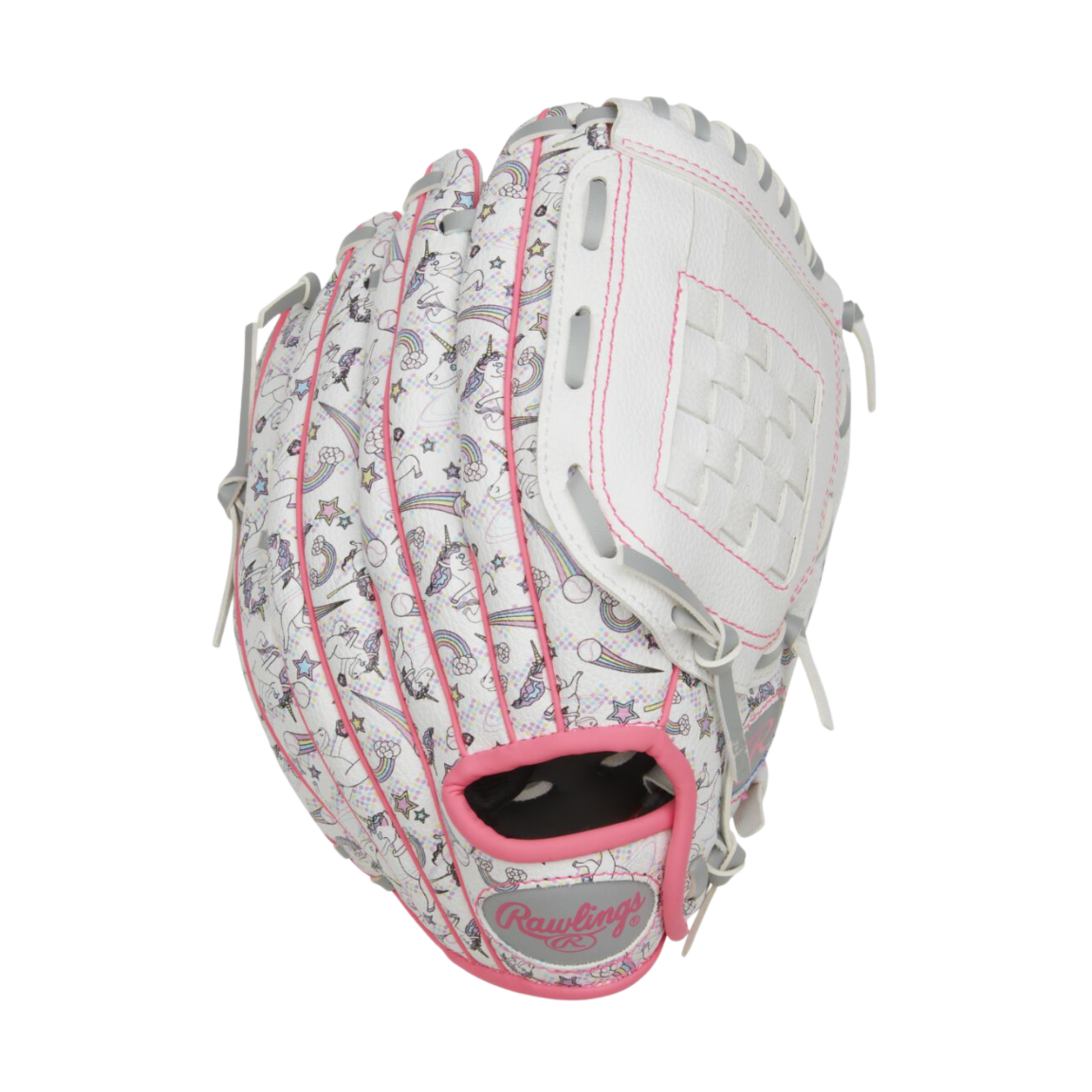 A photo of the Rawlings Players 10 Youth Baseball Glove in colour white and pink.