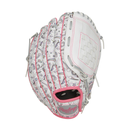 A photo of the Rawlings Players 10 Youth Baseball Glove in colour white and pink.