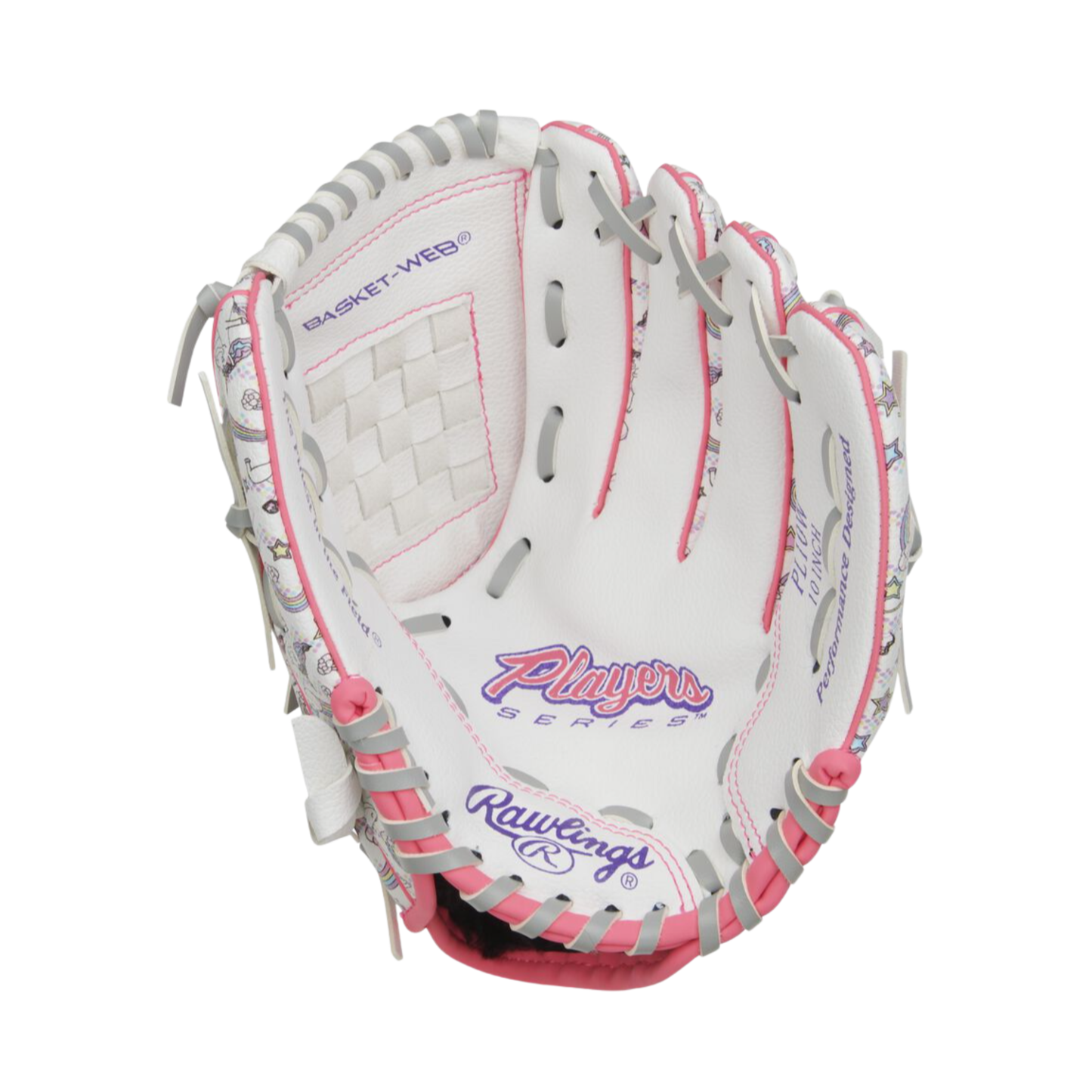 A photo of the Rawlings Players 10 Youth Baseball Glove in colour white and pink.
