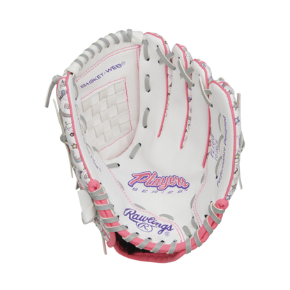 A photo of the Rawlings Players 10 Youth Baseball Glove in colour white and pink.