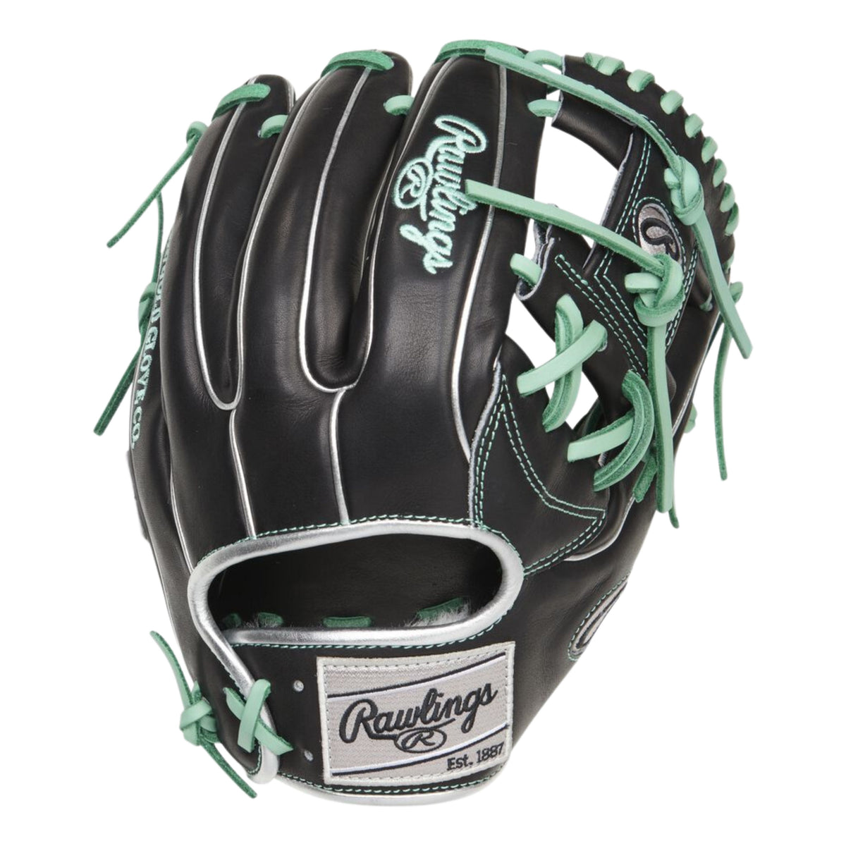 A photo of the Rawlings Pro Preferred 11.5" Infield Baseball Glove in colour black with green lace and Rawlings logo.