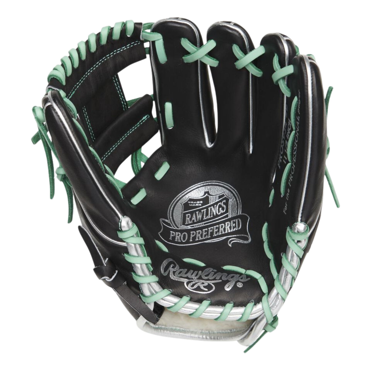 A photo of the Rawlings Pro Preferred 11.5" Infield Baseball Glove in colour black with green lace and Rawlings logo.