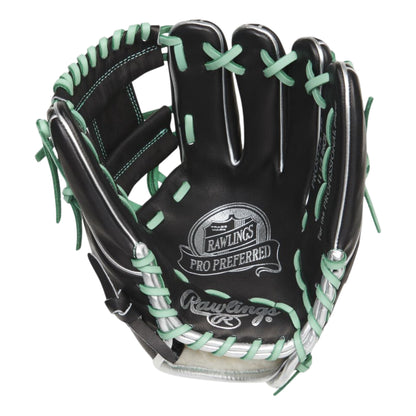 A photo of the Rawlings Pro Preferred 11.5" Infield Baseball Glove in colour black with green lace and Rawlings logo.