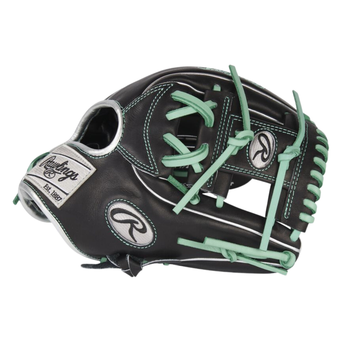 A photo of the Rawlings Pro Preferred 11.5" Infield Baseball Glove in colour black with green lace and Rawlings logo.