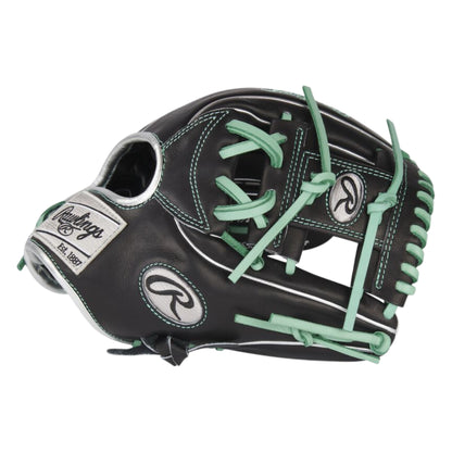 A photo of the Rawlings Pro Preferred 11.5" Infield Baseball Glove in colour black with green lace and Rawlings logo.