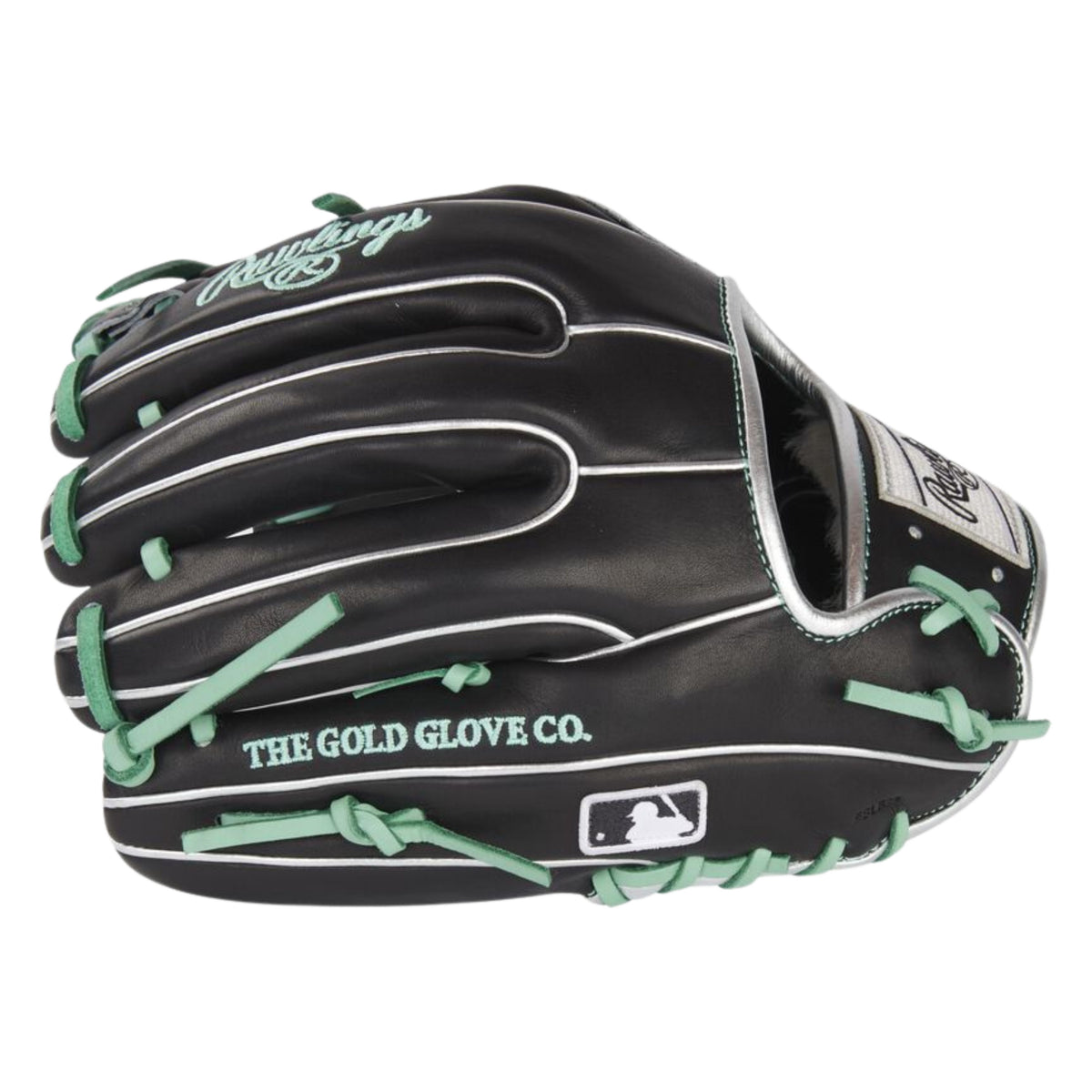 A photo of the Rawlings Pro Preferred 11.5" Infield Baseball Glove in colour black with green lace and Rawlings logo.