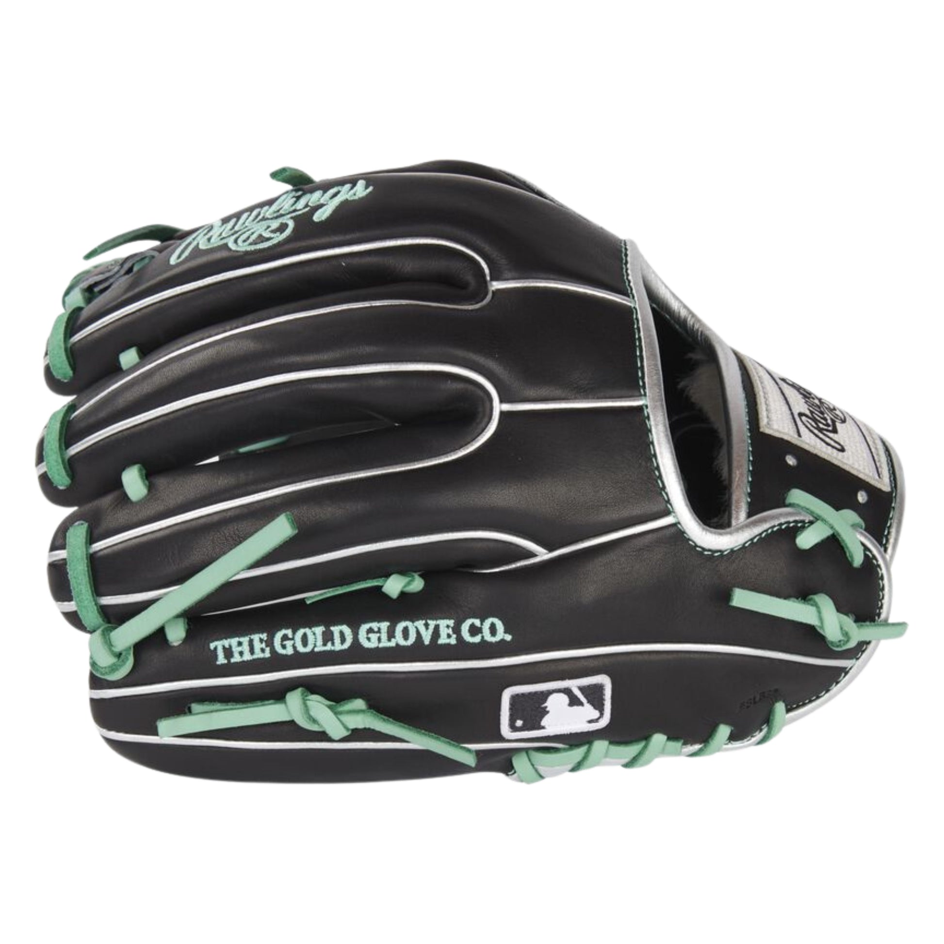 A photo of the Rawlings Pro Preferred 11.5" Infield Baseball Glove in colour black with green lace and Rawlings logo.