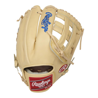 A photo of the Rawlings Pro Preferred Kris Bryant 12.25" Baseball Glove in colour tan with blue Rawlings logo.