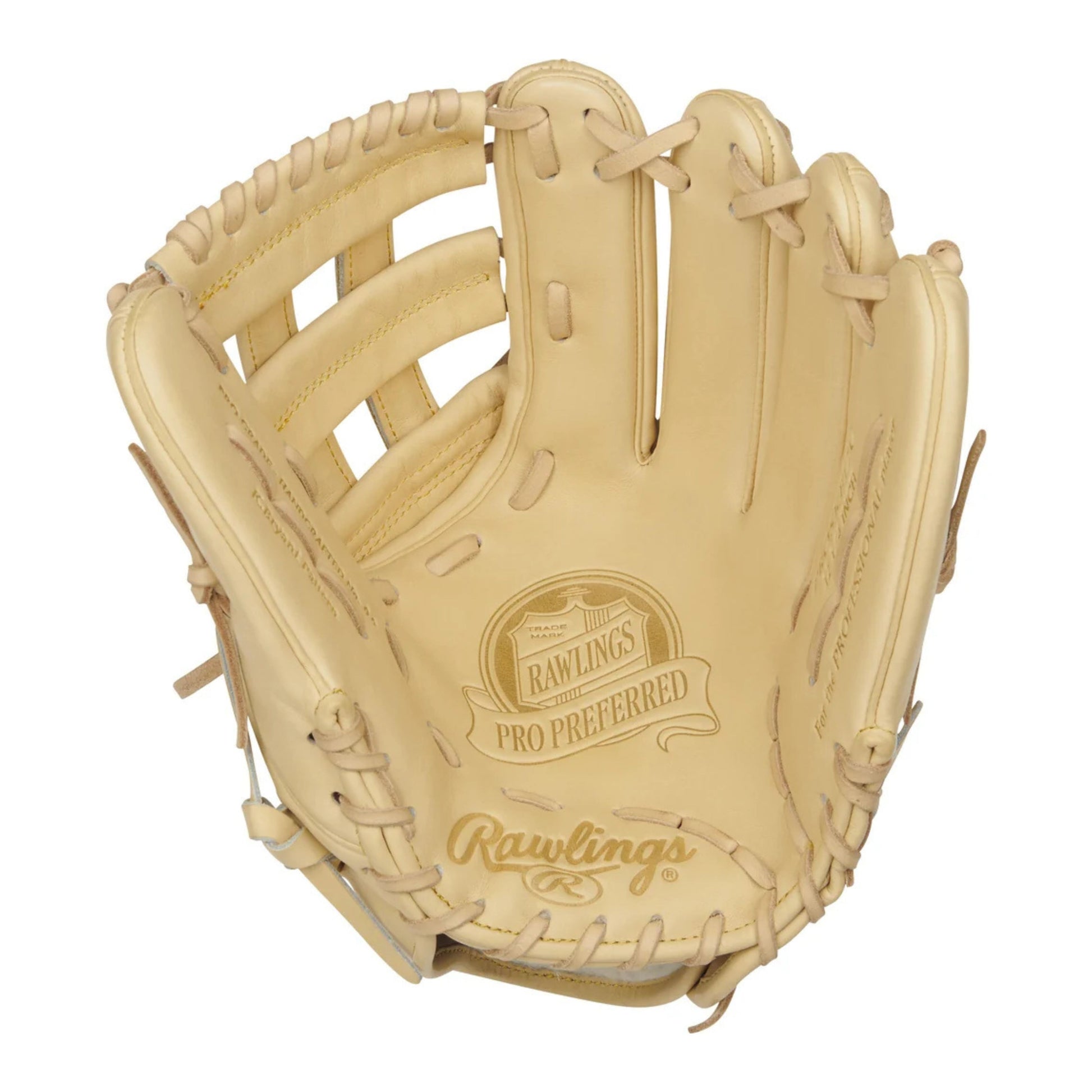 A photo of the Rawlings Pro Preferred Kris Bryant 12.25" Baseball Glove in colour tan with blue Rawlings logo.