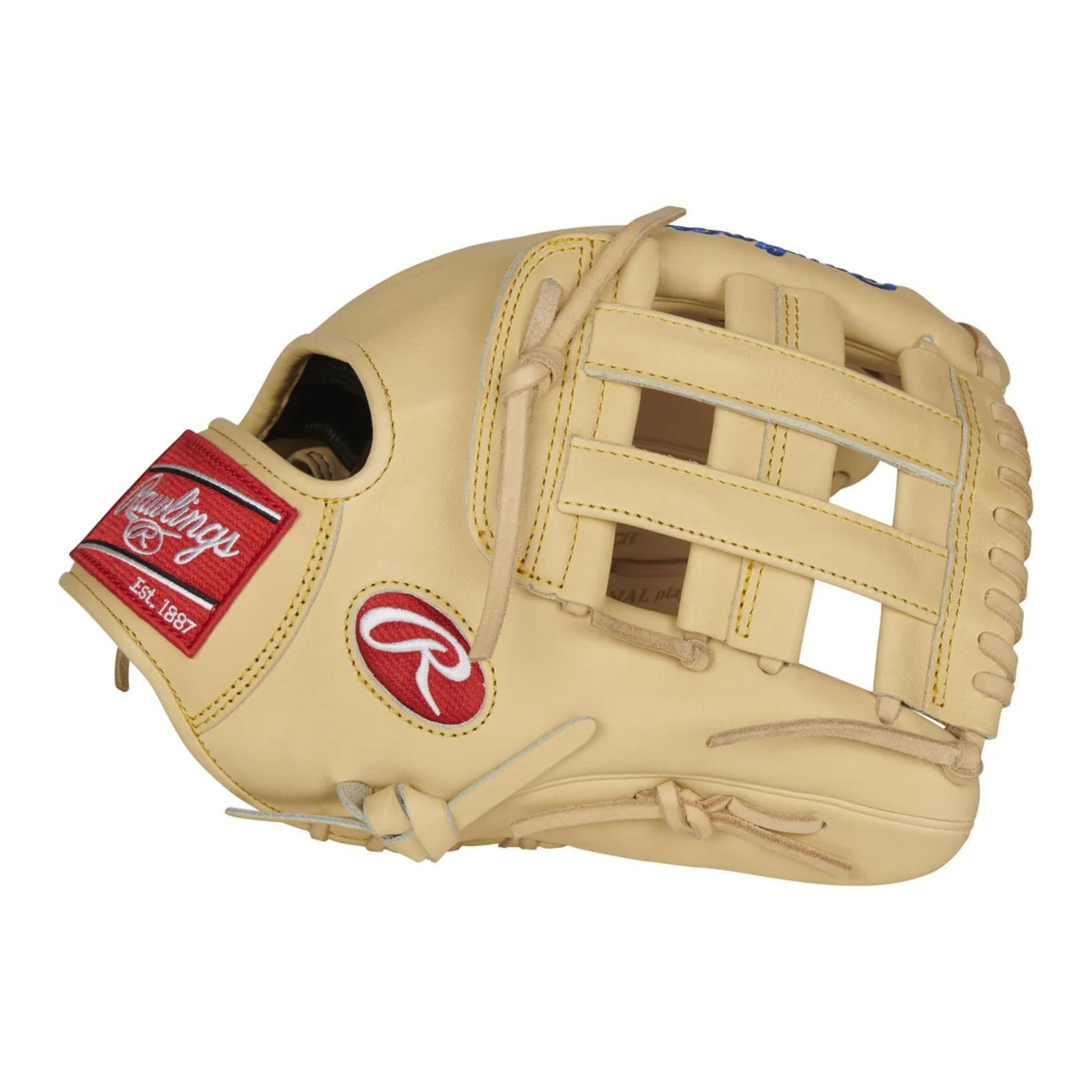 A photo of the Rawlings Pro Preferred Kris Bryant 12.25" Baseball Glove in colour tan with blue Rawlings logo.
