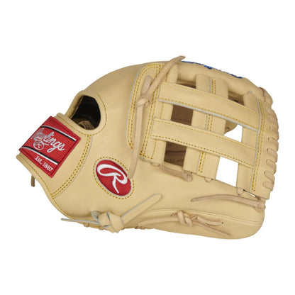 A photo of the Rawlings Pro Preferred Kris Bryant 12.25" Baseball Glove in colour tan with blue Rawlings logo.