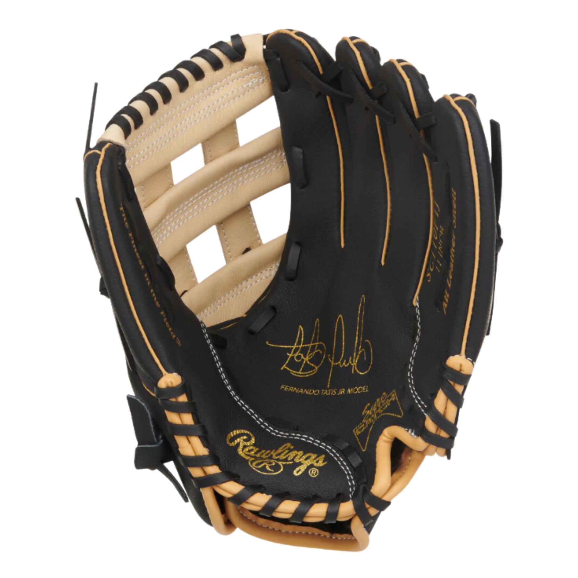 A photo of the Rawlings Select Pro Lite 11-Inch Fernando Tatis Jr. Glove in colour black and tan.