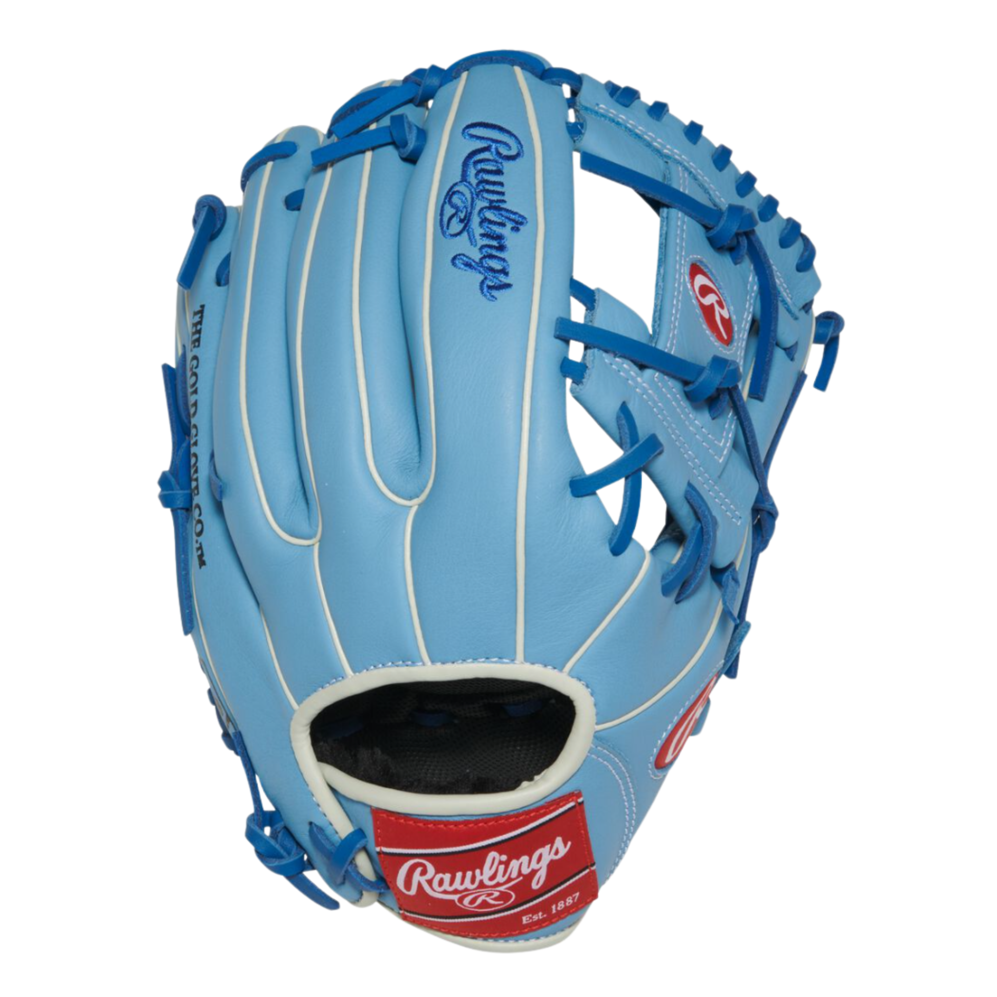 Blue baseball glove with Rawlings logo on a white background
