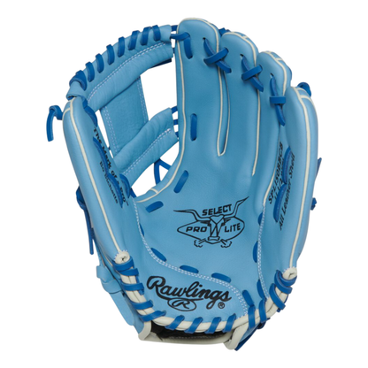 Blue baseball glove with white accents on a white background