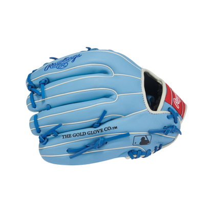 Blue baseball glove with red accents on a white background