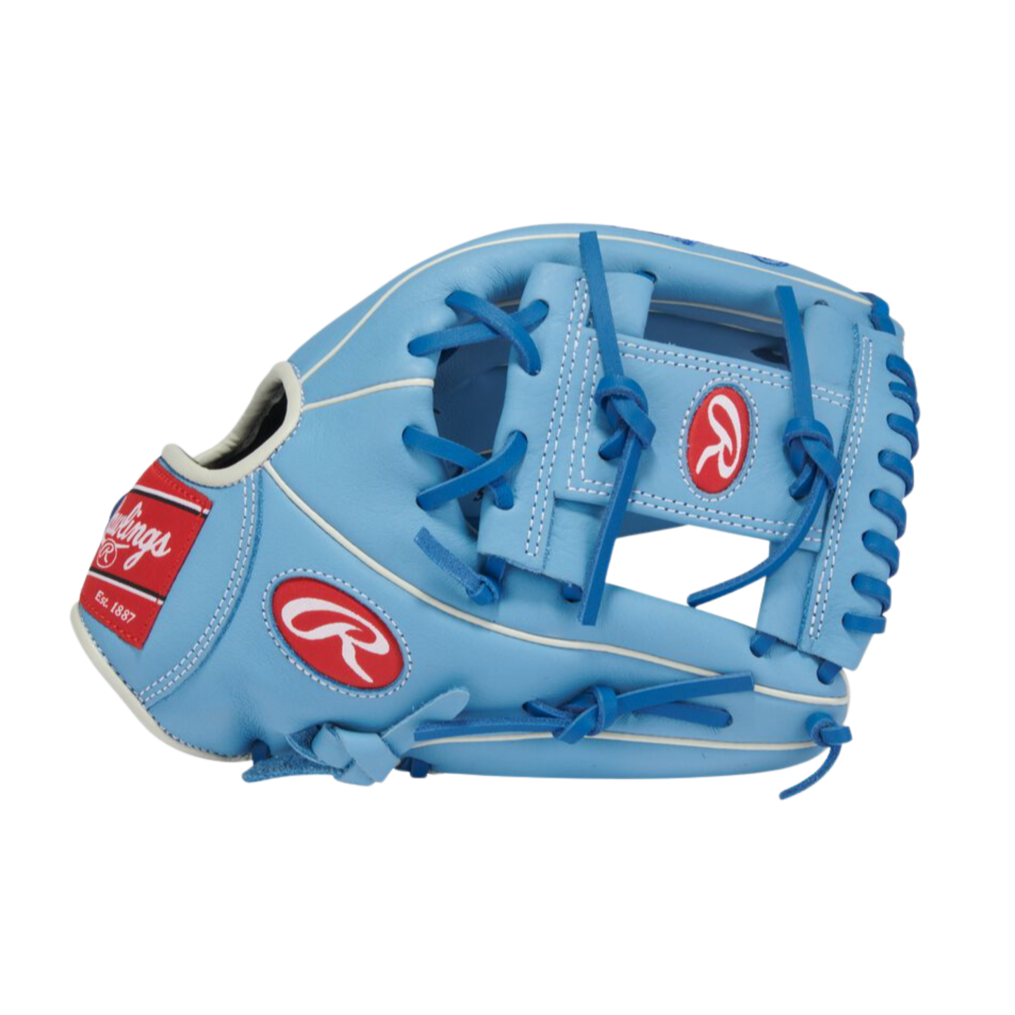 Blue baseball glove with red 'R' logo on a white background