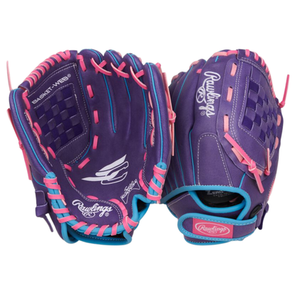 A photo of the Rawlings Sure Catch 11" Youth Softball Glove in colour purple, pink and blue. 