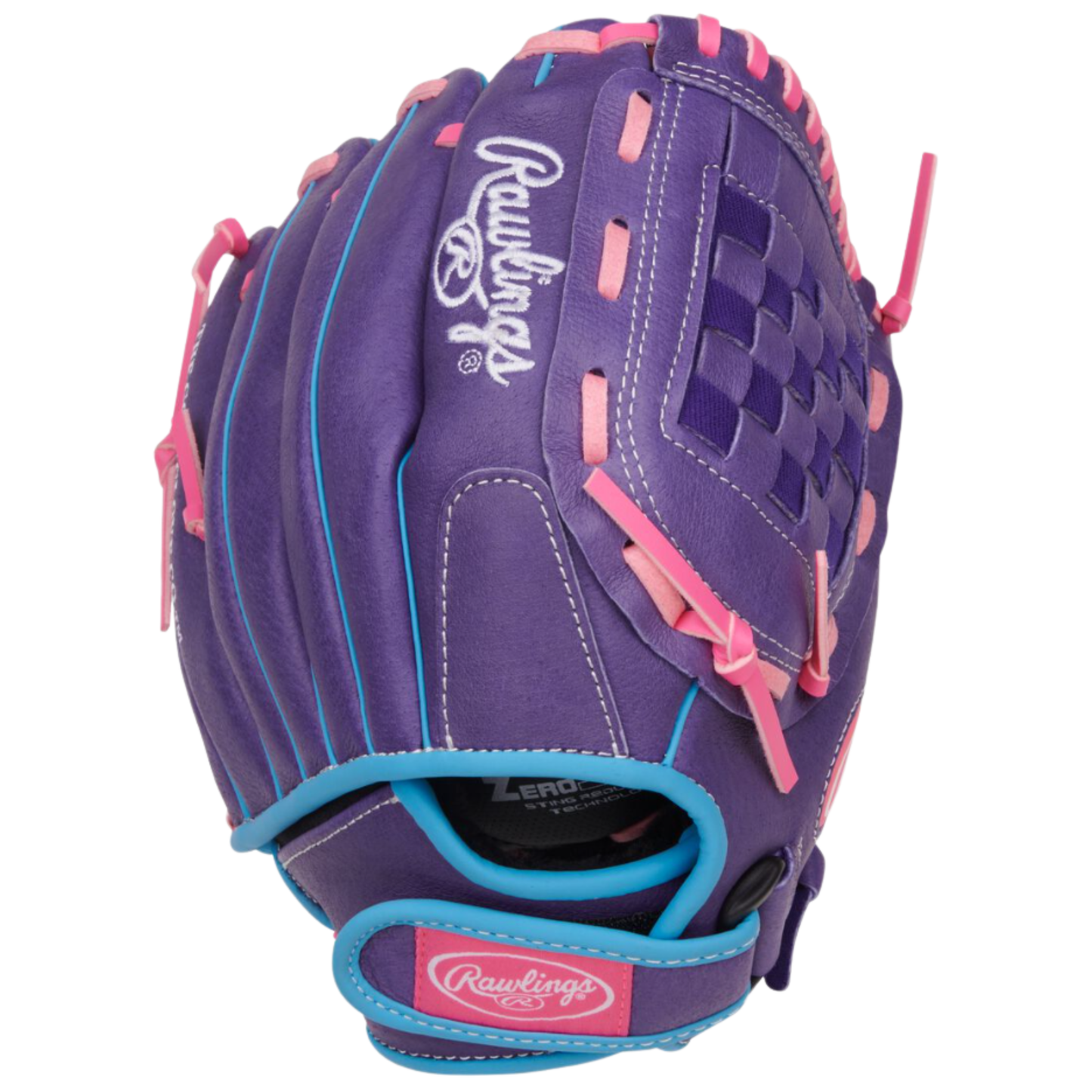 A photo of the Rawlings Sure Catch 11" Youth Softball Glove in colour purple, pink and blue. 