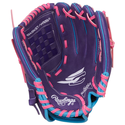 A photo of the Rawlings Sure Catch 11" Youth Softball Glove in colour purple, pink and blue. 